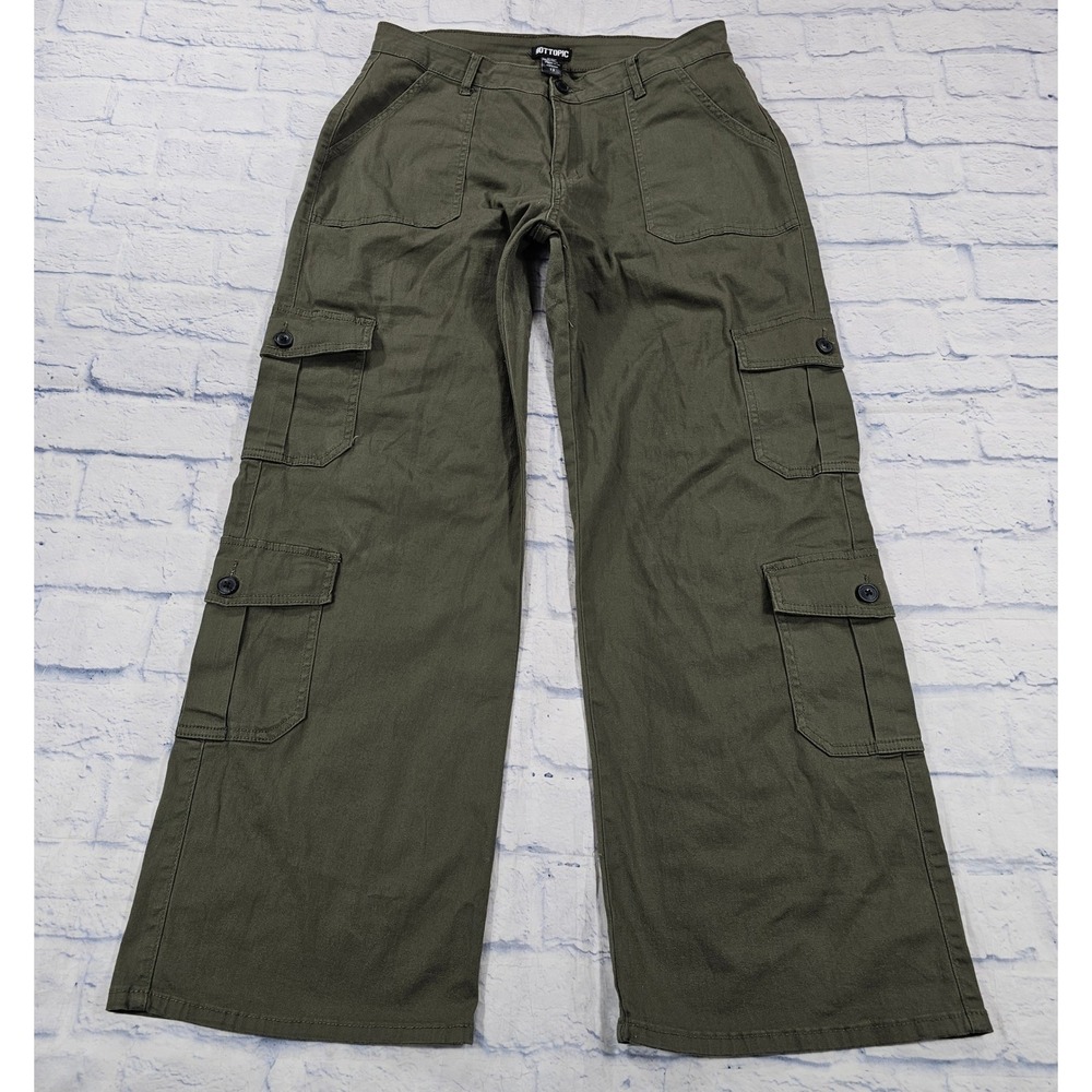 Hot Topic Cargo Pants Women 13 Olive Green Wide Leg Multi Pocket Grunge Utility